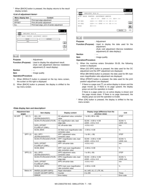 Page 211MX-2300/2700 N/G  SIMULATION  7 – 105 * When [BACK] button is pressed, the display returns to the result
display screen.

 
50-28
Purpose: Adjustment
Function (Purpose): Used to display the adjustment result.
(Auto void adjustment (Service installation
adjustment) (5: result display)
Section:—
Item: Image quality
Operation/Procedure
1) When [RESULT] button is pressed on the top menu screen,
the screen on the right is displayed.
2) When [BACK] button is pressed, the display is shifted to the
top menu...