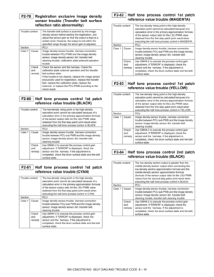 Page 258MX-2300/2700 N/G  SELF DIAG AND TROUBLE CODE  8 – 19
 
F2-78 Registration exclusive image density
sensor trouble (Transfer belt surface
reflection ratio abnormality)
 
F2-80 Half tone process control 1st patch
reference value trouble (BLACK)
 
F2-81 Half tone process control 1st patch
reference value trouble (CYAN)
 
F2-82 Half tone process control 1st patch
reference value trouble (MAGENTA)
 
F2-83 Half tone process control 1st patch
reference value trouble (YELLOW)
 
F2-84 Half tone process control 2nd...