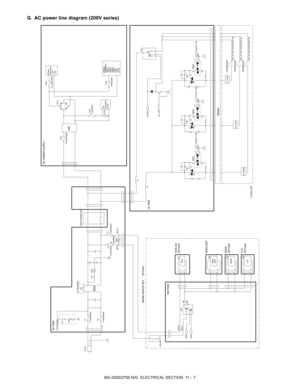 Page 291MX-2300/2700 N/G  ELECTRICAL SECTION  11 – 7
G. AC power line diagram (200V series)
VR3
F103
A1
VR2
D101~
~+ -
WH-SW
F102
L2
L1
VR1
Z101
A2
F2A1
F101
F1
F301
RY 1
HLOUT_UM
INT24V1
HLOUT_LM
/HL_PR
HLOUT_US
24V2GND
L
NT10AH/250V
T10AH/250V
AC PWB
2
6RY 1
62 G
HL PWB
T2
GND 1G
4
4
GND T1
1 T2
drawer
TD1
SSR1 SSR2
HL MAIN
THERMOSTATTHERMOSTAT
FUSING UNIT
HL LOW
THERMOSTAT
HL SUB62GND G
4
1 SSR3 T1 T1
T2 MAIN POWER SW
WH-L WH-N
NC
WH PWB
NO
10W
LCC
T2.0AH/250V
WH-L WH-NF3F4
T2.0AH/250V AC IN
TD2
TD3...