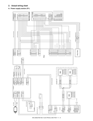 Page 293MX-2300/2700 N/G  ELECTRICAL SECTION  11 – 9
2. Actual wiring chart
A. Power supply section (P1)
(AC CORD) CN1(B03P-VL) AC PWB CN2(B03P-VL-K) (MSW harness) CN6(B03B-PASK-1) (DC main harness) CN20(B4P-PH-K-S)
1 L_IN MSW-Lout 1 MSW-Lout 1 DCCNT1 13 n DCCNT1
2NC NC2DCCNT2 34 n DCCNT2
3 N_IN MSW-Nout 3 MSW-Nout 1
CN6(B2P3-VH-R) CN3(B03P-VL-R) CN3(B03P-VH-B) (DC main harness) CN19(B10P-VH)
1 N_WH MSW-Lin 3 MSW-Lin 1 3.3V 163.3V
3L_WH NC 2
MSW3.3V 22 D-GND
MSW-Nin 1 MSW-Nin 1 D-GND 31 D-GND
CN5(B03P-VL-E)...