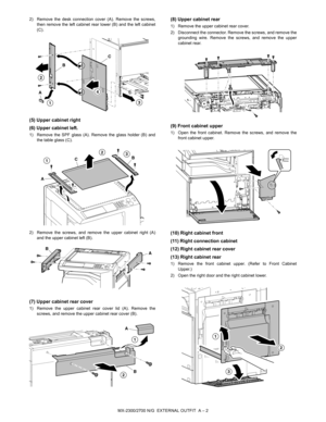 Page 326MX-2300/2700 N/G  EXTERNAL OUTFIT  A – 2 2) Remove the desk connection cover (A). Remove the screws,
then remove the left cabinet rear lower (B) and the left cabinet
(C).
(5) Upper cabinet right
(6) Upper cabinet left.
1) Remove the SPF glass (A). Remove the glass holder (B) and
the table glass (C).
2) Remove the screws, and remove the upper cabinet right (A)
and the upper cabinet left (B).
(7) Upper cabinet rear cover
1) Remove the upper cabinet rear cover lid (A). Remove the
screws, and remove the...