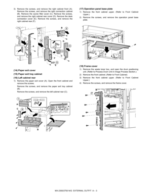 Page 327MX-2300/2700 N/G  EXTERNAL OUTFIT  A – 3 3) Remove the screws, and remove the right cabinet front (A).
Remove the screws, and remove the right connection cabinet
(B). Remove the ozone filter cover (C). Remove the screws,
and remove the right cabinet rear cover (D). Remove the desk
connection cover (E). Remove the screws, and remove the
right cabinet rear (F).
(14) Paper exit cover
(15) Paper exit tray cabinet
(16) Left cabinet rear
1) Remove the paper exit cover (A). Open the front cabinet and
remove the...