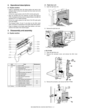 Page 358MX-2300/2700 N/G  DUPLEX SECTION  G – 2
2. Operational descriptions
A. Duplex section
• Paper is transported from the fusing section and sent to the
transport roller 13 driven by the paper exit drive motor and to the
paper exit roller 1. 
At that time, paper passes under the ADU reverse gate guide.
• After the specified time from detection of paper lead edge by
POD1, the paper exit drive motor is rotated forward, and after the
specified time, it is rotated reversely.
• At that time, paper passes the...