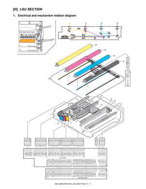 Page 363MX-2300/2700 N/G  LSU SECTION  H – 1 MX2700N
Service Manual [H] LSU SECTION
1. Electrical and mechanism relation diagram
CN11 B7P-PH-K-SCN8 CN21
B4P-PH-K-R
S6B-XA B6B-XA
CN2 B12B-PHDSS-BCN7 CN13
CN1 B34B-PHDSS-B
S20B-PHDSS-B B20B-PHDSS-B
CN9 CN14
S22B-PHDSS-B B22B-PHDSS-B
CN4 B6P-PH-K-S PSM2P RCN10
B5P-PH-K-S 1
4
/LSUSS_B24V3
2
19
20
21
22 124V31
2
D-GND
ECLK_LSU_P
ECLK_LSU_N17 /LSUSS_B
21
22 20 15
17
18
194
105
1611
12
13
14
15
16VSYNC_Y_N 1
20
3CH0_N
CH0_P
D-GND 19
1
2
14 13 D-GND CH0_N
D-GND
D-GND...