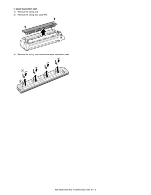 Page 400MX-2300/2700 N/G  FUSING SECTION  N – 6 n. Upper separation pawl
1) Remove the fusing unit.
2) Remove the fusing rear upper PG.
3) Remove the spring, and remove the upper separation pawl.
1
2 