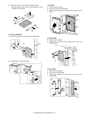 Page 415MX-2300/2700 N/G  PWB SECTION  Q – 3 4) Remove the screws, and remove the angle from HDD.
* Since the HDD is weak in shock, avoid hitting the corner,
dropping, or other shocks. 
e. PCU Flash ROM PWB
1) Remove the screws, and remove the rear cabinet cover.
2) Remove the PCU Flash ROM PWB.f. PCU PWB
1) Remove the rear cabinet.
2) Remove the PCU Flash ROM PWB.
3) Remove the connector and the screws, then remove the PCU
PWB.
g. SCAN IN PWB
1) Remove the rear cabinet.
2) Remove the connector and the screws,...