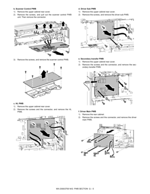 Page 417MX-2300/2700 N/G  PWB SECTION  Q – 5 b. Scanner Control PWB
1) Remove the upper cabinet rear cover.
2) Remove the screws, and pull out the scanner control PWB
unit. Then remove the connector.
3) Remove the screws, and remove the scanner control PWB.
c. HL PWB
1) Remove the upper cabinet rear cover.
2) Remove the screws and the connector, and remove the HL
PWB.d. Driver Sub PWB
1) Remove the upper cabinet rear cover.
2) Remove the screws, and remove the driver sub PWB.
e. Secondary transfer PWB
1) Remove...