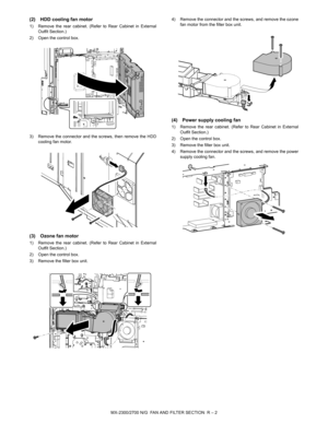 Page 420MX-2300/2700 N/G  FAN AND FILTER SECTION  R – 2
(2) HDD cooling fan motor
1) Remove the rear cabinet. (Refer to Rear Cabinet in External
Outfit Section.)
2) Open the control box.
3) Remove the connector and the screws, then remove the HDD
cooling fan motor.
(3) Ozone fan motor
1) Remove the rear cabinet. (Refer to Rear Cabinet in External
Outfit Section.)
2) Open the control box.
3) Remove the filter box unit.4) Remove the connector and the screws, and remove the ozone
fan motor from the filter box...