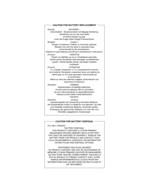 Page 427 
(Danish) ADVARSEL !
Lithiumbatteri – Eksplosionsfare ved fejlagtig håndtering.
Udskiftning må kun ske med batteri
af samme fabrikat og type.
Levér det brugte batteri tilbage til leverandoren.
(English) Caution !
Danger of explosion if battery is incorrectly replaced.
Replace only with the same or equivalent type
recommended by the manufacturer.
Dispose of used batteries according to manufacturer’s instructions.
(Finnish) VAROITUS
Paristo voi räjähtää, jos se on virheellisesti asennettu.
Vaihda paristo...