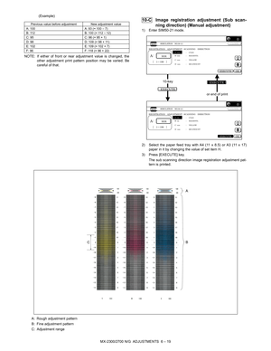 Page 63MX-2300/2700 N/G  ADJUSTMENTS  6 – 19 (Example)
NOTE: If either of front or rear adjustment value is changed, the
other adjustment print pattern position may be varied. Be
careful of that.
 10-C Image registration adjustment (Sub scan-
ning direction) (Manual adjustment)
1) Enter SIM50-21 mode.
2) Select the paper feed tray with A4 (11 x 8.5) or A3 (11 x 17)
paper in it by changing the value of set item H.
3) Press [EXECUTE] key.
The sub scanning direction image registration adjustment pat-
tern is...