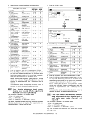 Page 86MX-2300/2700 N/G  ADJUSTMENTS  6 – 42 2) Select the copy mode to be adjusted with the scroll key.
3) Enter the adjustment value with 10-key and press [OK] key.
4) Press [CLOSE] key in this simulation mode to jump to the nor-
mal copy mode. Make a copy and check the adjustment result.
Switch the simulation mode and the normal copy mode alter-
nately, and adjust and check the adjustment result.
Repeat switching the adjustment mode (SIM 46-1) and the
normal copy mode and changing the adjustment value and...