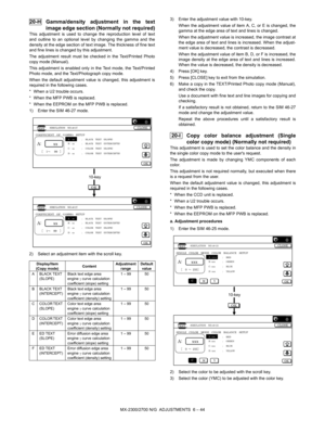 Page 88MX-2300/2700 N/G  ADJUSTMENTS  6 – 44
 20-H Gamma/density adjustment in the text
image edge section (Normally not required)
This adjustment is used to change the reproduction level of text
and outline to an optional level by changing the gamma and the
density at the edge section of text image. The thickness of fine text
and fine lines is changed by this adjustment.
The adjustment result must be checked in the Text/Printed Photo
copy mode (Manual).
This adjustment is enabled only in the Text mode, the...