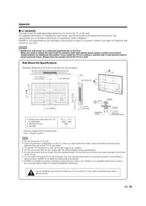 Page 7169
Appendix
■ LC-80LE633U
The wall mount kit (sold separately) allows you to mount the TV on the wall.
For detailed information on installing the wall mount, see the instructions provided with the product. We 
recommend you to contact a technician for assistance when installing it. 
SHARP is not responsible for any damage to the product or injury to yourself or others if you elect to install the wall 
mount on your own. 
CAUTION
•  Install your wall mount on a solid wall perpendicular to the ﬂ oor.
When...