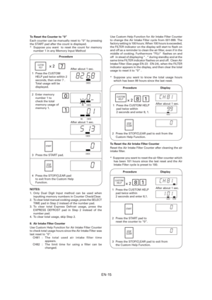 Page 16EN-15
NOTES:
1. Only Dual Digit Input method can be used when 
inputting memory numbers in Counter Check/Clear.
2.  To clear total manual cooking usage, press the SELECT 
TIME pad in Step 2 instead of the number pad.
3. To clear total Express Defrost usage, press the 
EXPRESS DEFROST pad in Step 2 instead of the 
number pad.
4.  To clear total usage, skip Step 2.
8.  Air Intake Filter Counter
Use Custom Help Function for Air Intake Filter Counter 
to check total usage hours since the Air Intake Filter...