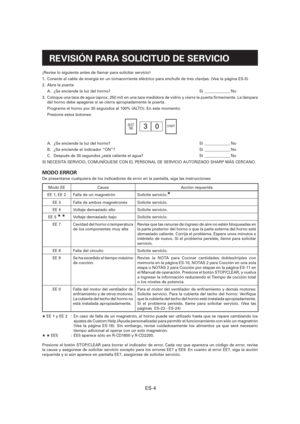 Page 65ES-4
REVISIÓN PARA SOLICITUD DE SERVICIO
¡Revise lo siguiente antes de llamar para solicitar servicio!
1.  Conecte el cable de energía en un tomacorriente eléctrico para enchufe de tres clavijas. (Vea la página ES-5)
2.  Abra la puerta
A.  ¿Se enciende la luz del horno?  Sí  _____________ No
3.  Coloque una taza de agua (aprox. 250 ml) en una taza medidora de vidrio y cierre la puerta   rmemente. La lámpara 
del horno debe apagarse si se cierra apropiadamente la puerta.
  Programe el horno por 30...
