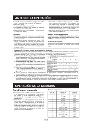 Page 69ES-8
ANTES DE LA OPERACIÓN
*  Antes de operar su nuevo horno, asegúrese de haber 
leído y entendido todo el manual de operación.
1)  Enchufe el horno.
*  La pantalla digital mostrará “. “
2) Los paneles de control sólo pueden ser operados 
cuando la puerta está cerrada.
3)  La luz del horno se encenderá por 1 minuto cuando 
la puerta esté abierta.
Cancelación:
1.  Los datos de la cocción se cancelan cuando las teclas 
no son presionadas por más de tres minutos al ajustar 
la programación.
2. La cocción...