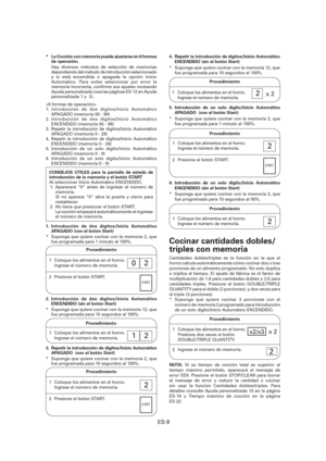 Page 70ES-9
*  La Cocción con memoria puede ajustarse en 6 formas 
de operación.  
  Hay diversos métodos de selección de memorias 
dependiendo del método de introducción seleccionado 
y si está encendida o apagada la opción Inicio 
Automático. Para evitar seleccionar por error la 
memoria incorrecta, con rme sus ajustes revisando 
Ayuda personalizada (vea las páginas ES-12 en Ayuda 
personalizada 1 y  2).

1. Introducción de dos dígitos/Inicio Automático 
APAGADO (memoria 00 - 99)
2. Introducción de dos...