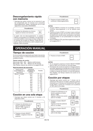 Page 71ES-10
Descongelamiento rápido 
con memoria
*  Suponga que quiere cocinar con la memoria 0, que 
fue programada para 10 minutos de la secuencia 
Descongelamiento rápido, Introducción de un solo 
dígito/Inicio Automático ENCENDIDO.
Procedimiento
1  Coloque los alimentos en el horno.
    Ingrese el número de memoria.0
A medio ciclo de descongelamiento, la palabra 
CHECK se encenderá en la pantalla y se escuchará 
una señal audible a menos que se haya con gurado 
el volumen de la señal en Silencio. Puede...