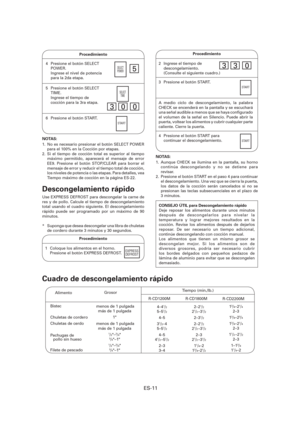 Page 72ES-11
Procedimiento
4   Presione el botón SELECT 
POWER.
  Ingrese el nivel de potencia 
para la 2da etapa.
5  Presione el botón SELECT 
TIME.
  Ingrese el tiempo de 
cocción para la 3ra etapa.
SELECT
POWER5
300
SELECT
TIME
6  Presione el botón START.START
NOTAS: 
1.  No es necesario presionar el botón SELECT POWER 
para el 100% en la Cocción por etapas.
2. Si el tiempo de cocción total es superior al tiempo 
máximo permitido, aparecerá el mensaje de error 
EE9. Presione el botón STOP/CLEAR para borrar...
