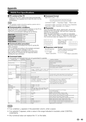 Page 43 43
Appendix
RS232 Port Specifications
 45
� PC control of the TV•  Attach an RS-232C cable cross-type (commercially 
available) to the supplied Din/D-Sub RS-232C for the 
connections.
This operation system should be used by a person who is 
accustomed to using computers.
�  Communication conditionsSet the RS-232C communication settings on the PC to 
match the TV's communication conditions.
The TV's communication settings are as follows:
•
� Communication procedure Send the control commands from...