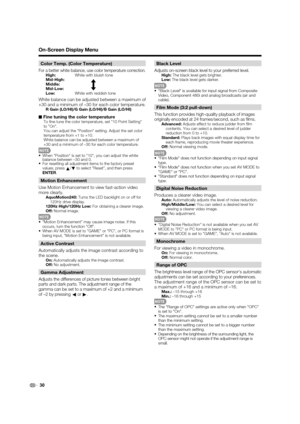 Page 3230
Color Temp. (Color Temperature)
For a better white balance, use color temperature correction.High:White with bluish tone
Mid-High:
Middle:
Mid-Low:
Low:   White with reddish tone
White balance can be adjusted between a maximum of 
+30 and a minimum of –30 for each color temperature.
R Gain (LO/HI)/G Gain (LO/HI)/B Gain (LO/HI)
■Fine tuning the color temperatureTo ﬁ ne tune the color temperature, set "10 Point Setting" 
to "On".
You can adjust the "Position" setting. Adjust the...