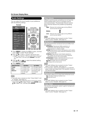 Page 3331
On-Screen Display Menu
Audio Settings
You can adjust the sound quality to your preference 
with the following settings.
Example
[Off]Clear Voice
MenuAudio
Settings
Auto Volume
[Off]
Bass[0]a15
b15
Treble[0]a15b15
Balance[    0] L
R
3D Surround[Off]
Bass Enhancer[On]
Reset Audio Settings
1 Press MENU to display the MENU screen, and then 
press
c/
d to select "Audio Settings".
2 Press 
a/
b to select a speciﬁ c adjustment item.•  Select "Auto Volume", "3D Surround", "Bass...