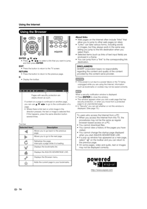 Page 7674
Using the Browser
ENTER,
a/
b/
c/
d• Press a/
b/
c/
dto select a link that you want to jump, 
and then press ENTER.
EXIT•  Press the button to return to the TV screen.
RETURN•  Press the button to return to the previous page.
D•  Display the toolbar.
About links
•  Web pages on the Internet often include “links” that 
allow you to jump to other web pages (or sites).
•  “Links” can take various forms, including words 
or images, but they always work in the same way 
letting you jump to the link...