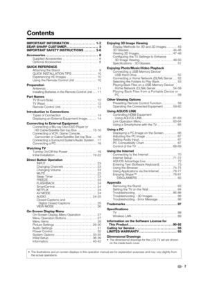 Page 97
Contents
IMPORTANT INFORMATION ................... 1-2
DEAR SHARP CUSTOMER ....................... 3
IMPORTANT SAFETY INSTRUCTIONS ........ 3-6
Accessories ....................................... 8
Supplied Accessories .......................... 8
Optional Accessories ........................... 8
QUICK REFERENCE
Attaching the Stand ............................ 9
QUICK INSTALLATION TIPS .................. 10
Experiencing HD Images ...................... 10
Using the Remote Control Unit ...................