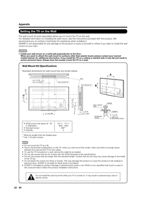 Page 8684
Appendix
Setting the TV on the Wall
The wall mount kit (sold separately) allows you to mount the TV on the wall.
For detailed information on installing the wall mount, see the instructions provided with the product. We 
recommend you to contact a technician for assistance when installing it. 
SHARP is not responsible for any damage to the product or injury to yourself or others if you elect to install the wall 
mount on your own. 
CAUTION
•  Install your wall mount on a solid wall perpendicular to the...