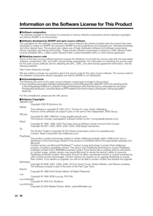 Page 9290 ■Software composition
The software included in this product is comprised of various software components whose individual copyrights 
are held by SHARP or by third parties.
■Software developed by SHARP and open source software
The copyrights for the software components and various relevant documents included with this product that were 
developed or written by SHARP are owned by SHARP and are protected by the Copyright Act, international treaties, 
and other relevant laws. This product also makes use...