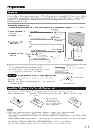 Page 11 9
Antennas
To enjoy a clearer picture, use an outdoor antenna. The following is a brief explanation of the types of connections 
that are used for a coaxial cable. If your outdoor antenna uses a 75-ohm coaxial cable with an F-type connector, 
plug it into the antenna terminal at the rear of the TV set. For connecting the antenna cable to the TV, use 
commercially available cables.
300-ohm twin-lead cable 75-ohm coaxial cable (round)
75-ohm coaxial cableIN OUT
300-ohm 
twin-lead cable VHF
ANTENNAUHF...