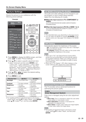 Page 27 25
On-Screen Display Menu
AV MODE (Changing Pic.Quality)
The audio and video settings can be changed to suit 
the program or input content being watched.
Select from the following AV modes.
■ 
When the input source is TV, COMPONENT or 
VIDEO:
AUTO/STANDARD/MOVIE/GAME/USER/DYNAMIC/
DYNAMIC(Fixed)
■ When the input source is PC IN or HDMI 1 to 4:
AUTO/STANDARD/MOVIE/GAME/PC/USER/x.v.Color/
DYNAMIC/DYNAMIC(Fixed)
•  The selectable items vary depending on the input source.
•  You can select AV MODE by...