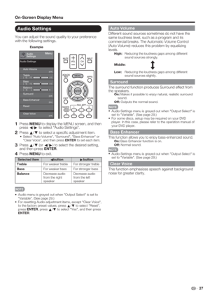 Page 29 27
On-Screen Display Menu
Audio Settings
You can adjust the sound quality to your preference 
with the following settings.
Example
MenuAudio
Settings
Auto Volume[Off]
Bass[    0]a15
b15
Treble[    0]a15
b15
Balance[    0] L
R
Surround[Off]
[Off]
Bass Enhancer[On]
Reset
Clear Voice Audio Settings
    
1 Press MENU to display the MENU screen, and then 
press 
c/
d to select "Audio Settings".
2 Press 
a/
b to select a speciﬁ c adjustment item.
Select "Auto Volume", "Surround",...