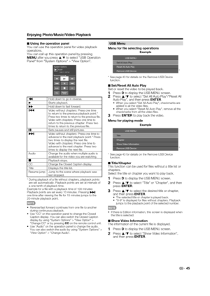 Page 47 45 ■ Using the operation panel
You can use the operation panel for video playback 
operations.
You can call up this operation panel by pressing 
MENU after you press 
a
/
b to select USB Operation 
Panel from System Options > View Option.
PLAY System Options0:04:11 / 0:07:42
Resume Audio CCTitle
jump
τHold down to go in reverse.
d
Starts playback.
κHold down to fast forward.λVideo without chapters: Press one time 
to return to the previous playback point.* 
Press two times to return to the previous...