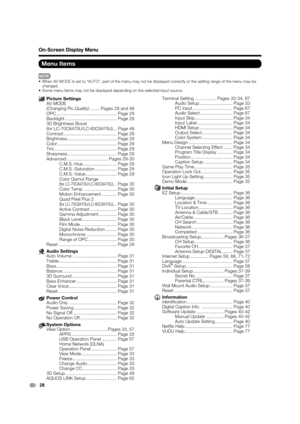 Page 3028
On-Screen Display Menu
Menu Items
Terminal Setting ................. Pages 33-34, 67
Audio Setup .......................... Page 33
PC input ................................ Page 67
Audio Select .......................... Page 67
Input Skip.............................. Page 34
Input Label ............................ Page 34
HDMI Setup .......................... Page 34
Output Select ........................ Page 34
Color System ........................ Page 34
Menu Design...