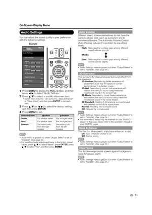 Page 3331
On-Screen Display Menu
Audio Settings
You can adjust the sound quality to your preference 
with the following settings.
Example
[Off]Clear Voice
MenuAudio
Settings
Auto Volume
[Off]
Bass[0]a15
b15
Treble[0]a15b15
Balance[    0] L
R
3D Surround[Off]
Bass Enhancer[On]
Reset Audio Settings
1 Press MENU to display the MENU screen, and then 
press
c/
d to select "Audio Settings".
2 Press 
a/
b to select a speciﬁ c adjustment item.•  Select "Auto Volume", "3D Surround", "Bass...