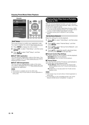 Page 6058
Example
Menu
EZ Setup
Internet Setup
Language
DivX® Setup Broadcasting Setup
Individual Setup Initial SetupInitial
Setup[English]
DivX® Setup
This is the function to conﬁ rm your registration code. 
You need to register the code at http://www.divx.com.
1PressMENU to display the menu screen.
2Pressc
/d
 to select "Initial Setup", and then press 
ENTER.
3Pressa
/
b to select "DivX® Setup", and then 
pressENTER.
■ DivX
® VOD registration
You can ﬁ nd your registration code on this menu....