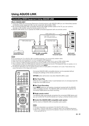 Page 6361
Using AQUOS LINK
Controlling HDMI Equipment Using AQUOS LINK
What’s AQUOS LINK?
•  Using the HDMI CEC (Consumer Electronics Control) protocol, with AQUOS LINK you can interactively operate 
compatible system equipment (Blu-ray disc equipment, AV ampliﬁ er, DVD).
•  By connecting AQUOS LINK-compatible devices with HDMI-certiﬁ ed cables to the TV, you can control a 
recorder or AV ampliﬁ er using the remote control of the TV.
•  AQUOS LINK allows you to operate the HDMI-connected equipment with one...