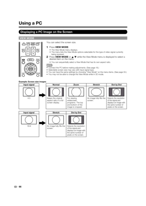 Page 6866
VIEW MODE
You can select the screen size.
1   Press VIEW MODE.
•  The View Mode menu displays.
•  The menu lists the View Mode options selectable for the type of video signal currently 
being received.
2   Press VIEW MODE or 
a/
b while the View Mode menu is displayed to select a 
desired item on the menu.
•  You can sequentially select a View Mode that has its own aspect ratio.
•  Connect the PC before making adjustments. (See page 18.)
•  Selectable screen size may vary with input signal type.
•...