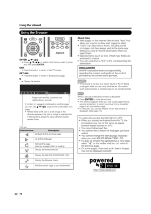 Page 7674
Using the Browser
ENTER,
a/
b/
c/
d• Press a/
b/
c/
dto select a link that you want to jump, 
and then press ENTER.
EXIT•  Press the button to return to the TV screen.
RETURN•  Press the button to return to the previous page.
D•  Display the toolbar.
About links
•  Web pages on the Internet often include “links” that 
allow you to jump to other web pages (or sites).
•  “Links” can take various forms, including words 
or images, but they always work in the same way 
letting you jump to the link...
