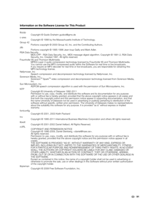 Page 9391 libzzip
  Copyright © Guido Draheim guidod@gmx.de
c-ares
  Copyright © 1998 by the Massachusetts Institute of Technology.
Group 42
  Portions copyright © 2000 Group 42, Inc. and the Contributing Authors.
zlib
  Portions copyright © 1995-1996 Jean-loup Gailly and Mark Adler.
RSA Data Security
  MD5.CPP - RSA Data Security, Inc., MD5 message-digest algorithm. Copyright © 1991-2, RSA Data 
Security, Inc. Created 1991. All rights reserved.
Fraunhofer IIS and Thomson Multimedia
  MPEG Layer-3 audio...