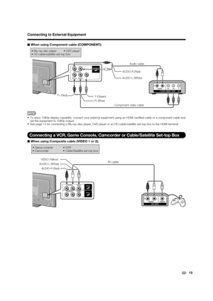Page 17
15
Connecting to External Equipment
■ When using Component cable (COMPONENT):
• Blu-ray disc player      • DVD player
• HD cable/satellite set-top box
COMPONENT OUT
AUDIO-L (White) AUDIO-R (Red)
Y (Green)
P
B (Blue)
P
R (Red) Audio cable
Component video cable
•  To enjoy 1080p display capability, connect your external equipment using\
 an HDMI-certiﬁ ed cable or a component cable and  set the equipment to 1080p output.
•  See page 14 for connecting a Blu-ray disc player, DVD player or an HD ca\...