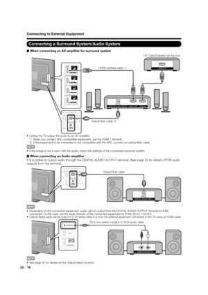 Page 18
16
Connecting to External Equipment
Connecting a Surround System/Audio System
■ When connecting an AV ampliﬁ
 er for surround system
DIGITAL AUDIO INPUTOPTICALHDMI IN
HDMI OUT
HDMI OUTHDMI-certiﬁed cable *1 HD Cable/Satellite set-top box
Optical ﬁber cable *2
•  Letting the TV output the audio to an AV ampliﬁ er: *1 When you connect ARC-compatible equipment, use the HDMI 1 terminal.
*2 If the equipment to be connected is not compatible with the ARC, connect\
 an optical ﬁ ber cable.
•  If the image is...