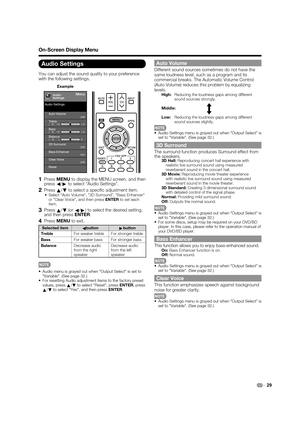 Page 3129
On-Screen Display Menu
Audio Settings
You can adjust the sound quality to your preference 
with the following settings.
Example
[Off]Clear Voice
MenuAudio
Settings
Auto Volume
[Off]
Bass[0]a15
b15
Treble[0]a15b15
Balance[    0] L
R
3D Surround[Off]
Bass Enhancer[On]
Reset Audio Settings
1 Press MENU to display the MENU screen, and then 
press
c/
d to select "Audio Settings".
2 Press 
a/
b to select a speciﬁ c adjustment item.•  Select "Auto Volume", "3D Surround", "Bass...