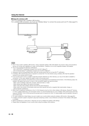 Page 6866
+Using the wireless LAN
This TV is equipped with a wireless LAN function.
For a wireless LAN connection, you must use "Wireless Setup" to connect the access point and TV. (See page 67.)
Internet ModemPC
Wireless LAN router/
access point
•  This TV has a built-in wireless LAN function. Using a separate wireless USB LAN adapter may result in radio communications 
that do not comply with regulations on radio communications. Therefore, do not use a separate wireless LAN adapter.
•  This TV has...