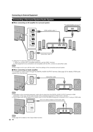 Page 1816
Connecting to External Equipment
Connecting a Surround System/Audio System
■ When connecting an AV ampliﬁ er for surround system
DIGITAL AUDIO INPUTOPTICALHDMI IN
HDMI OUT
HDMI OUTHDMI-certiﬁed cable *1 HD Cable/Satellite set-top box
Optical ﬁber cable *2
•  Letting the TV output the audio to an AV ampliﬁ er: *1  When you connect ARC-compatible equipment, use the HDMI 1 terminal.
*2  If the equipment to be connected is not compatible with the ARC, connect\
 an optical ﬁ ber cable.
•  If the image is...