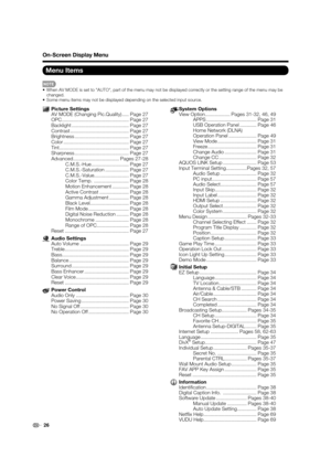 Page 2826
On-Screen Display Menu
Menu Items
System Options
View Option .................. Pages 31-32, 46, 49APPS .................................... Page  31
USB Operation Panel ............ Page 46
Home Network (DLNA) 
Operation Panel .................... Page 49
View Mode ............................ Page 31
Freeze ................................... Page  31
Change Audio ....................... Page 31
Change CC ........................... Page 32
AQUOS LINK Setup ........................ Page 53
Input...