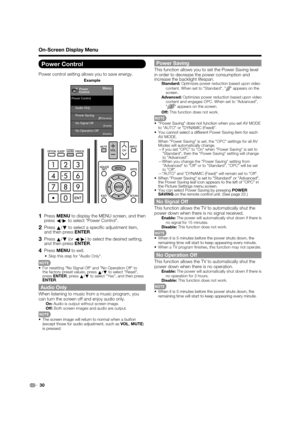 Page 3230
Power Control
Power control setting allows you to save energy.
Power
ControlMenu
Audio Only
No Signal Off Power Saving
No Operation Off
[Disable][Enable]
[    Standard]
Power Control
Example
1 Press 
MENU to display the MENU screen, and then 
press c/
d  to select "Power Control".
2 Press 
a/
b  to select a speciﬁ c adjustment item, 
and then press ENTER.
3 Press  a/
b  (or 
c/
d ) to select the desired setting, 
and then press ENTER.
4 Press  MENU to exit.
•  Skip this step for "Audio...