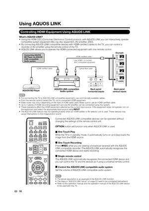 Page 5452
Using AQUOS LINK
Controlling HDMI Equipment Using AQUOS LINK
What’s AQUOS LINK?
•  Using the HDMI CEC (Consumer Electronics Control) protocol, with AQUOS\
 LINK you can interactively operate compatible system equipment (Blu-ray disc equipment, AV ampliﬁ er, DVD).
•  By connecting AQUOS LINK-compatible devices with HDMI-certiﬁ ed cables to the TV, you can control a  recorder or AV ampliﬁ er using the remote control of the TV.
•  AQUOS LINK allows you to operate the HDMI-connected equipment with one r\...