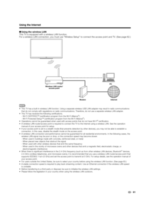 Page 6361
+Using the wireless LAN
This TV is equipped with a wireless LAN function.
For a wireless LAN connection, you must use "Wireless Setup" to connect \
the access point and TV. (See page 62.)
Internet
Modem PC
Wireless LAN router/
access point
•  This TV has a built-in wireless LAN function. Using a separate wireless \
USB LAN adapter may result in radio communications 
that do not comply with regulations on radio communications. Therefore, \
do not use a separate wireless LAN adapter.
•  This TV...